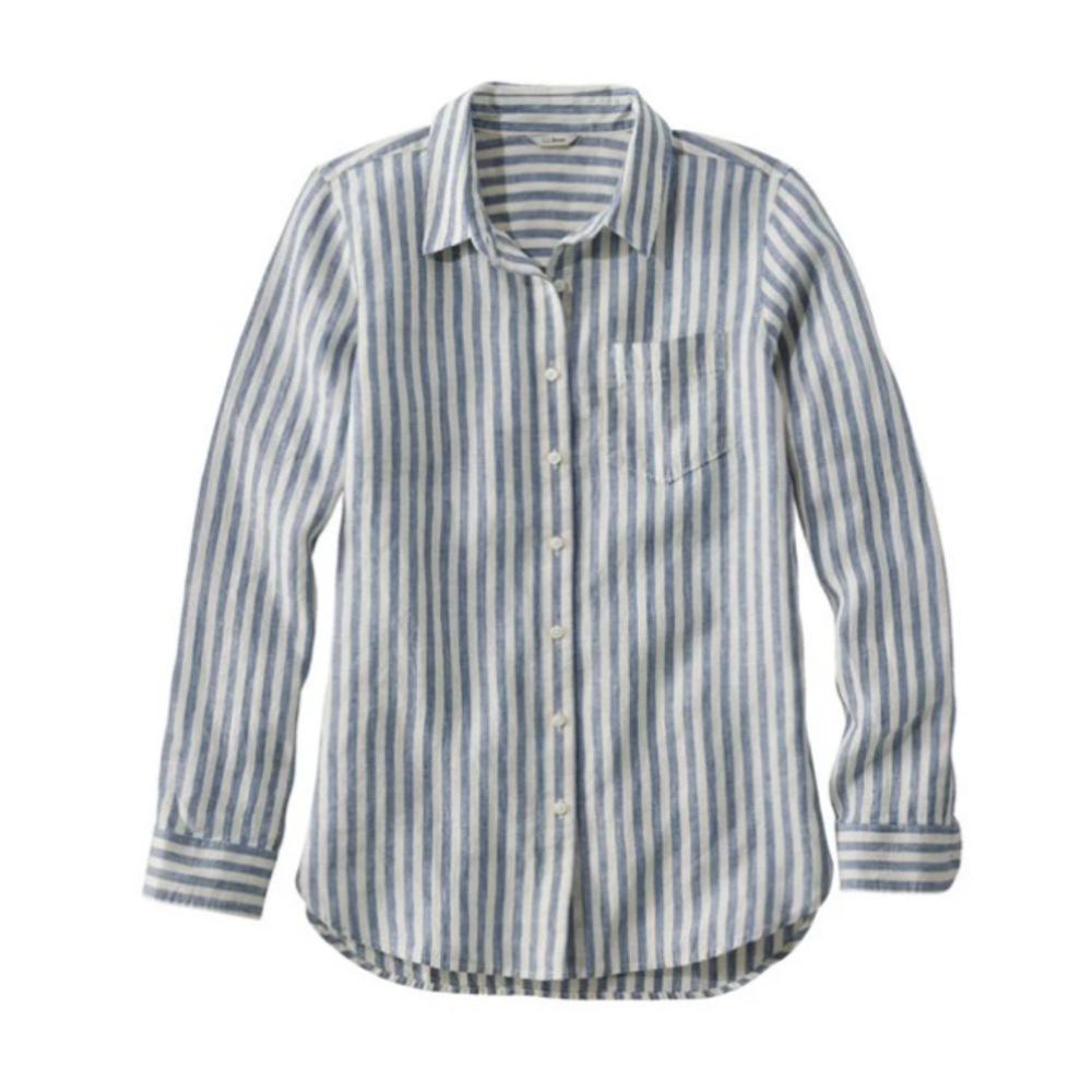 L.L Bean Women's Premium Washable Linen Shirt Tunic Long Sleeve Micro Stripe M